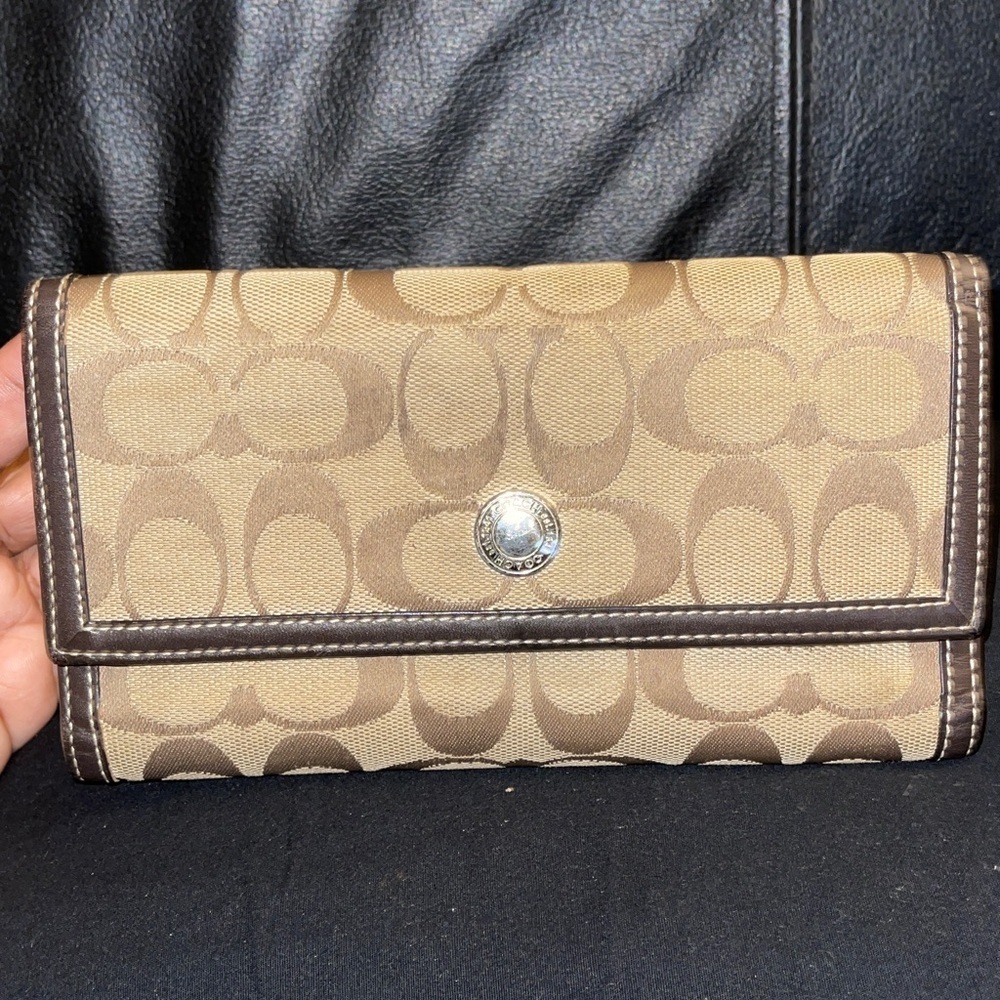 Coach Vintage Check Book Cover Monogram Signature Wallet Brown
